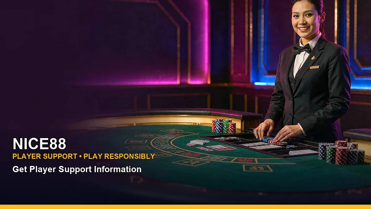 NICE88 live casino table games featuring an adult Filipina casino host with a left-framed composition