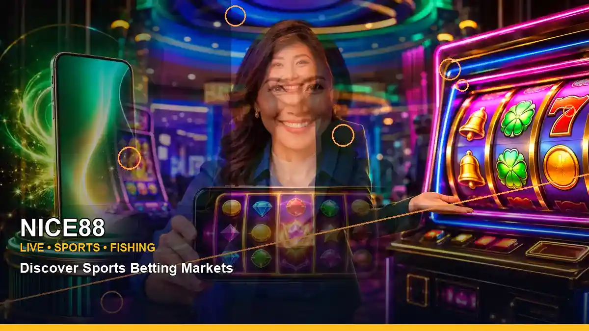 NICE88 adventure online slot games featuring an adult Filipina casino host with a right close-up composition